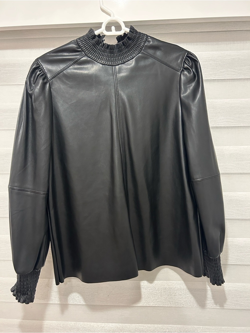 Dynamite Black Faux Leather Smocked Cuff Blouse